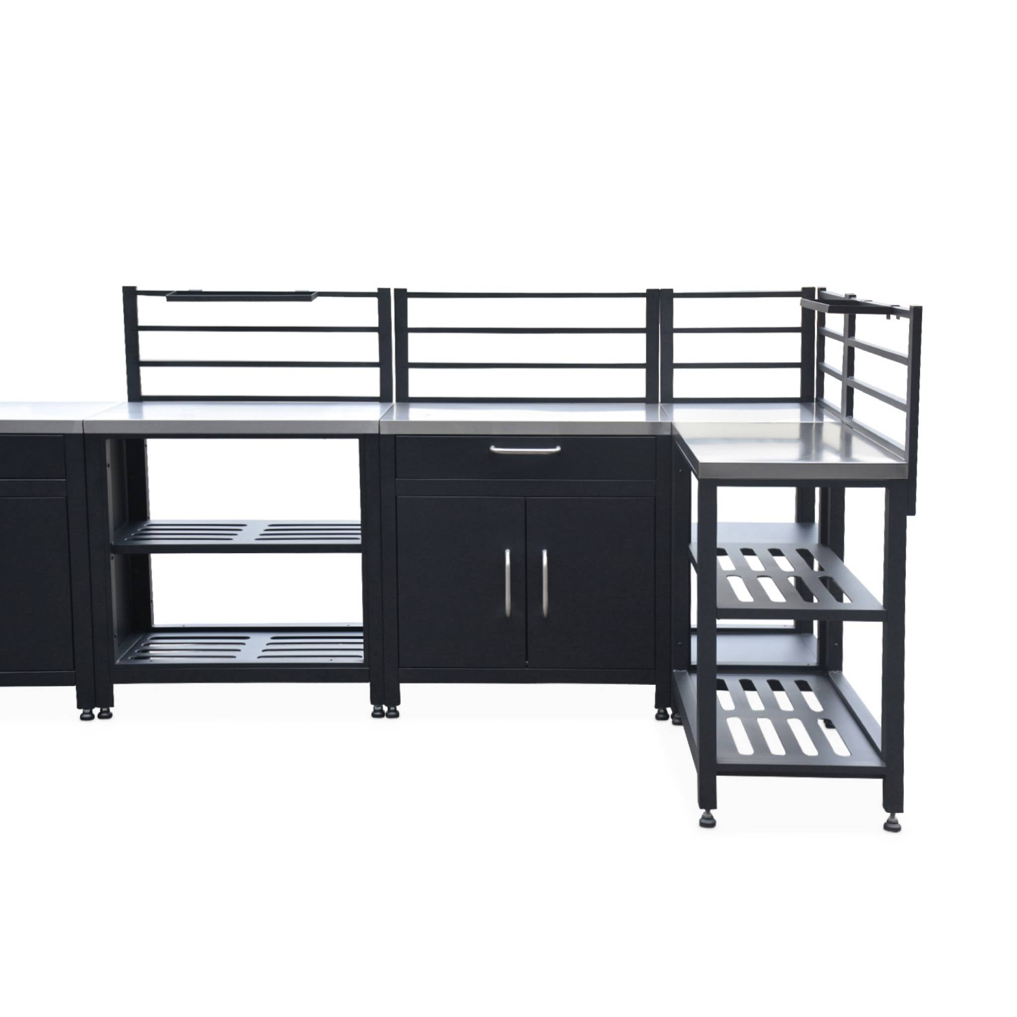 Cucina da esterno, 6 moduli + barbecue a gas, 4 bruciatori, nero