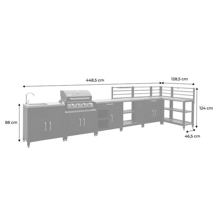 Cucina da esterno, 6 moduli e barbecue a gas, 4 bruciatori, argenté