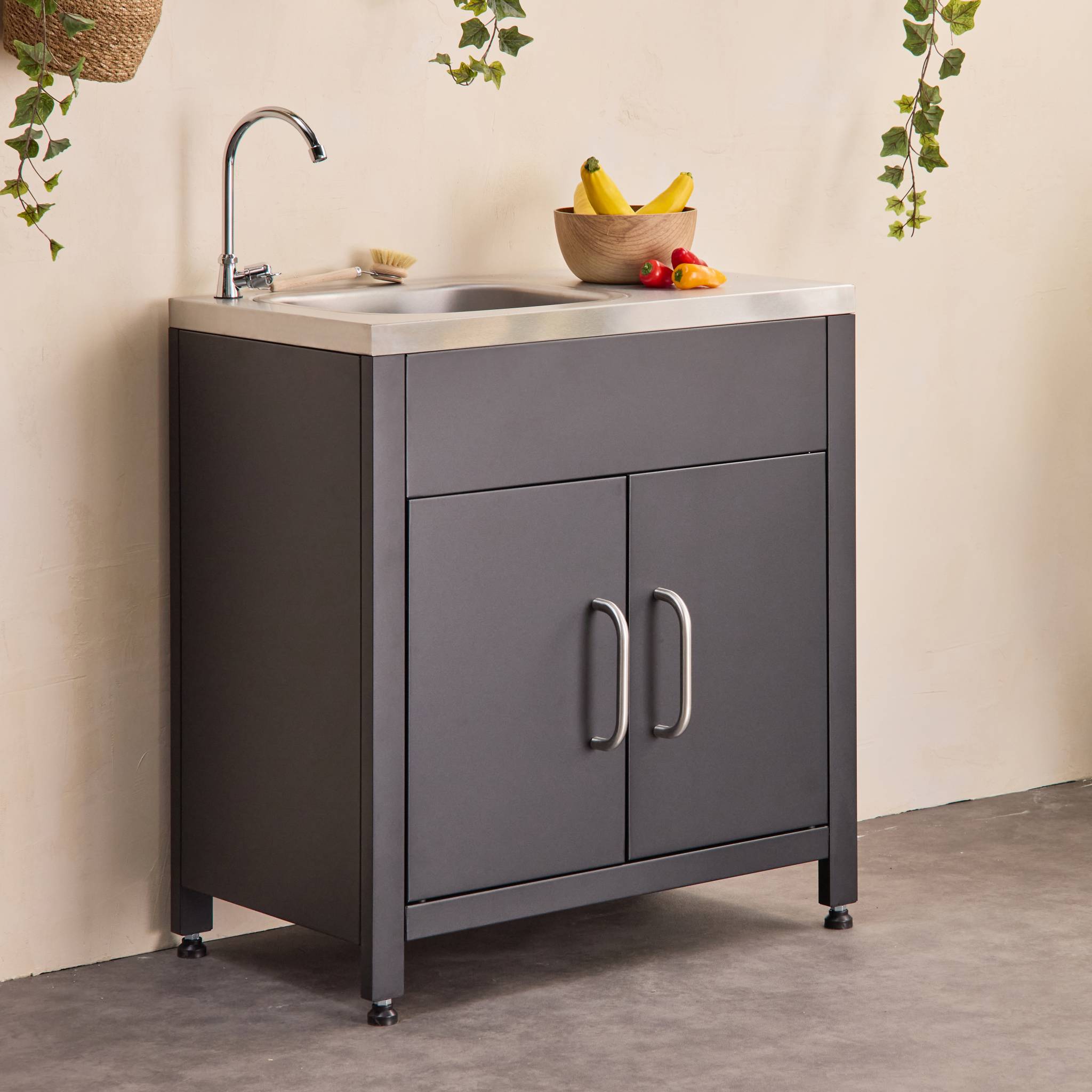 Mobile da esterno in acciaio con lavello, 80cm, nero