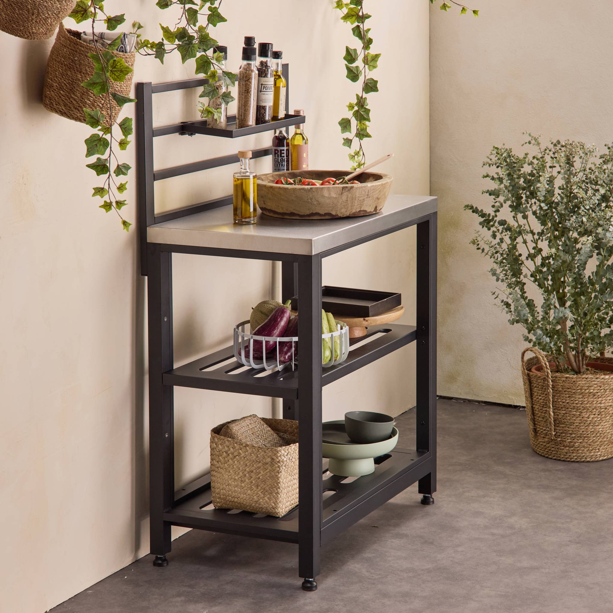 Mobile da esterno in acciaio 2 ripiani, 80cm, nero