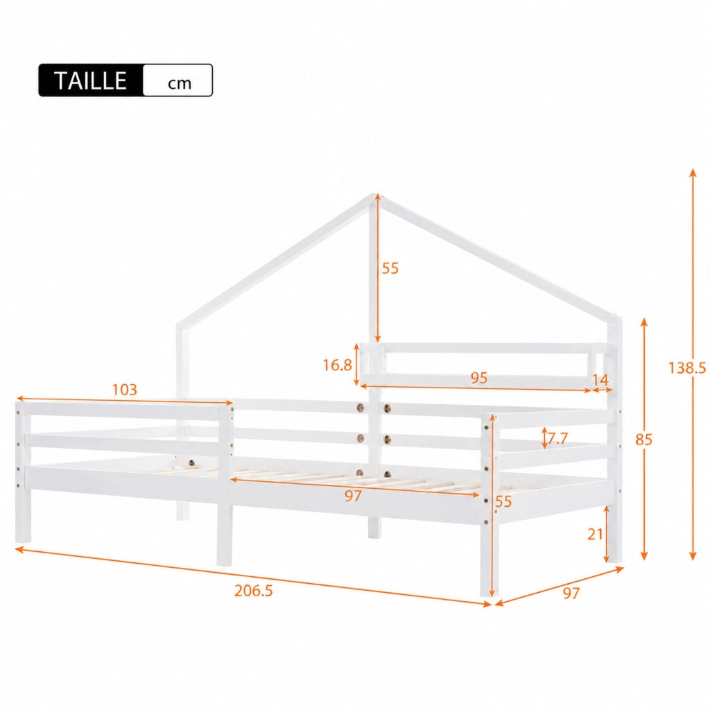 DESMIU Letto a Casetta per Bambini 1 Posto con Mensola e Barriera 90 × 200 cm, Senza Materasso, in Pino, Bianco