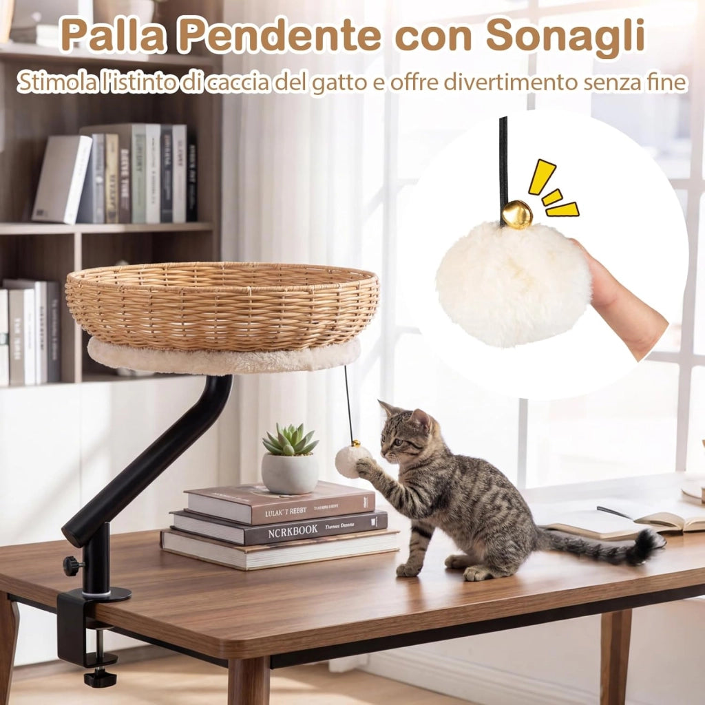 Letto per Gatti da Scrivania Girevole 360°, Cuccia per Gatti in Rattan PE con Cuscino in Peluche Rimovibile, Amaca con Morsetto per Spessore 1,5-4,5 cm, Cuccia Salvaspazio per Ufficio e Casa