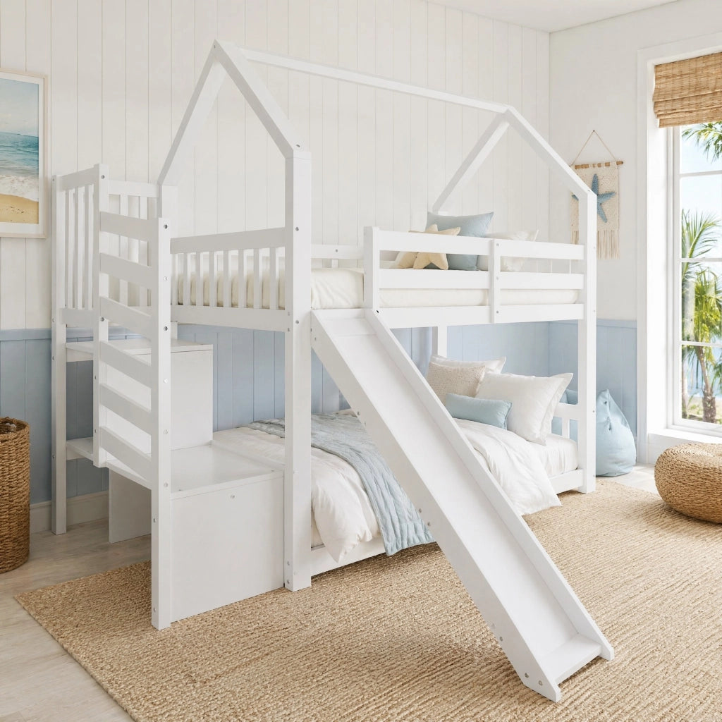 Letto a castello a casetta con scivolo e scala contenitore 90x200 cm; bianco