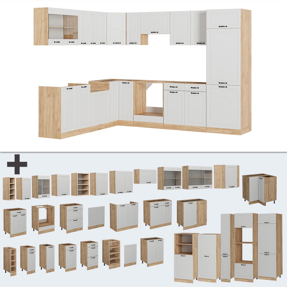 Cucina angolare completa R-Line Bianco/Rovere dorato 287 x 227 cm, PL Marmo Vicco