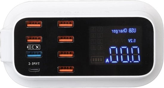 Stazione di ricarica USB 8 porte con display a LED e QC3.0 Svelta Ricarica - Porta Type C - Ampia compatibilità - per Telefoni e Tablet - 100-240V (presa per l'Europa)