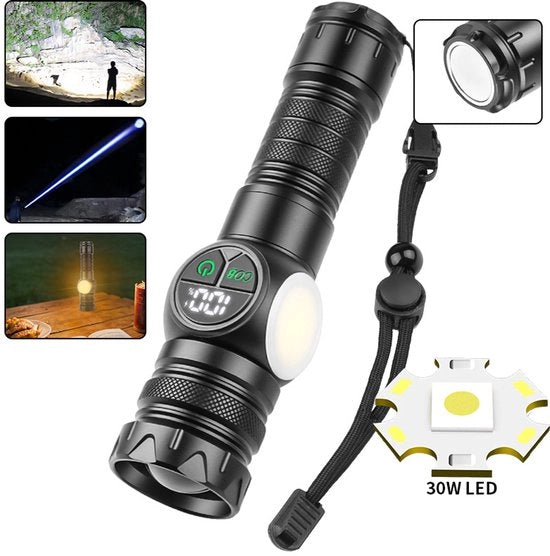 Lanterna portatile con alta luminosità, 1000-1200 lumen lanterna LED portatile, zoomabile torcia super luminosa con 9 impostazioni, luce laterale, piede magnetico, ingresso USB-C, impermeabile per emergenze