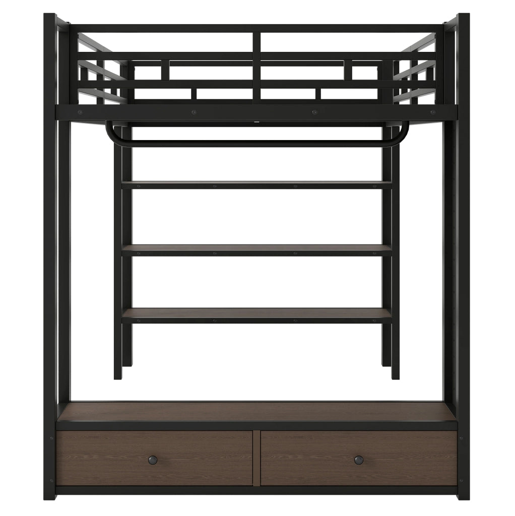 Letto a soppalco 140x200 cm con armadio aperto; cassetti; LED e ripiani; nero