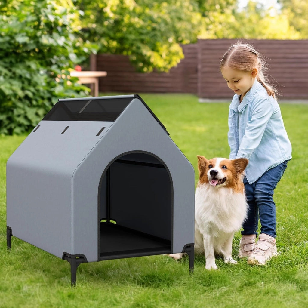 Casetta per Cani, Letto Rialzato per Cani con Copertura Rimovibile ed Impermeabile e Finestre Ventilate, Cuccia Cane Esterno ed Interno Taglia Piccola/Media/Grande (64 x 91 x 86 cm)