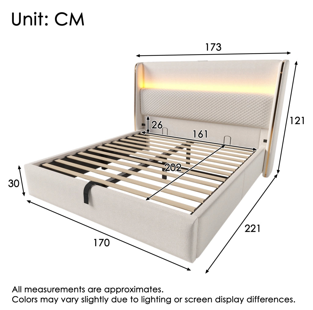 Letto 160x200 cm con contenitore; LED e prese USB/Type-C in lino beige