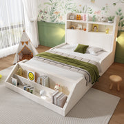 OKWISH Letto Bambino 90×200 cm, Letto Singolo con 2 Luci Notturne, Mensole e Libreria Rimovibile, senza Materasso, in Legno, Bianco