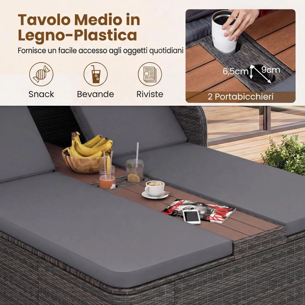 Letto Prendisole Matrimoniale per 2 Persone, Lettino da Giardino in Rattan con Tetto Retrattile e Schienali Regolabili, Isola Prendisole con Tavolino e Portabicchieri per Relax (Grigio)