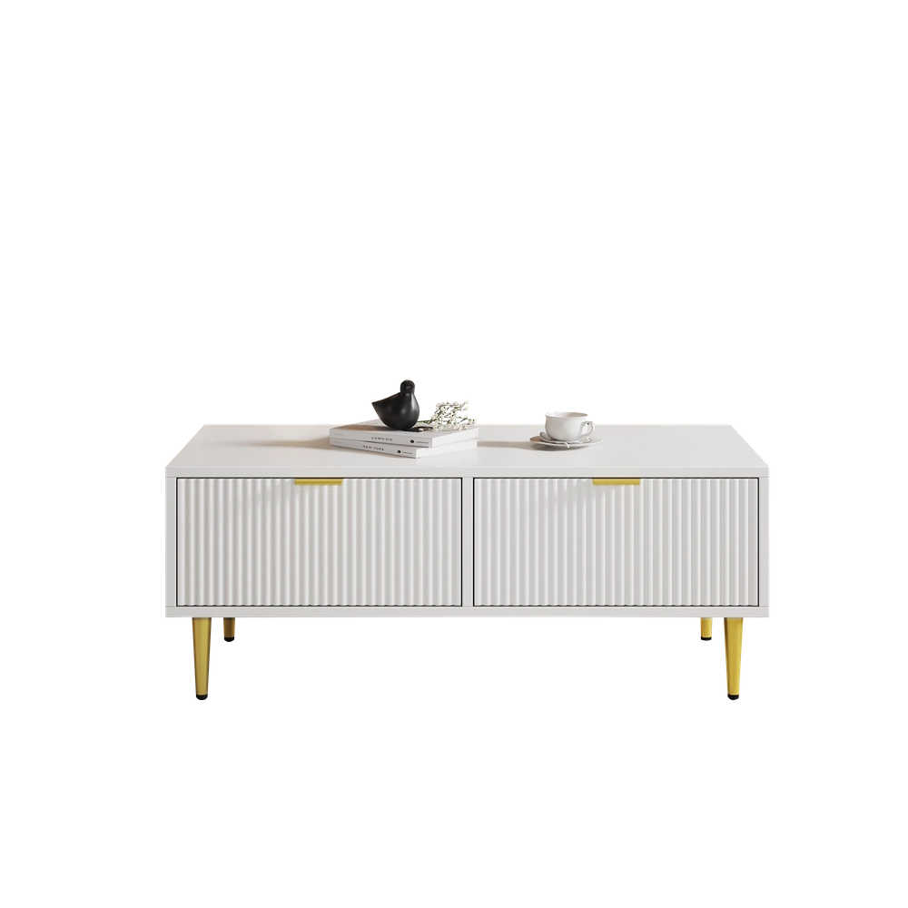 Tavolino da Caff¨¨ Moderno ¨C MINIMAL ¨C Bianco con Dettagli Oro, 2 Cassetti, 100x50x40 cm