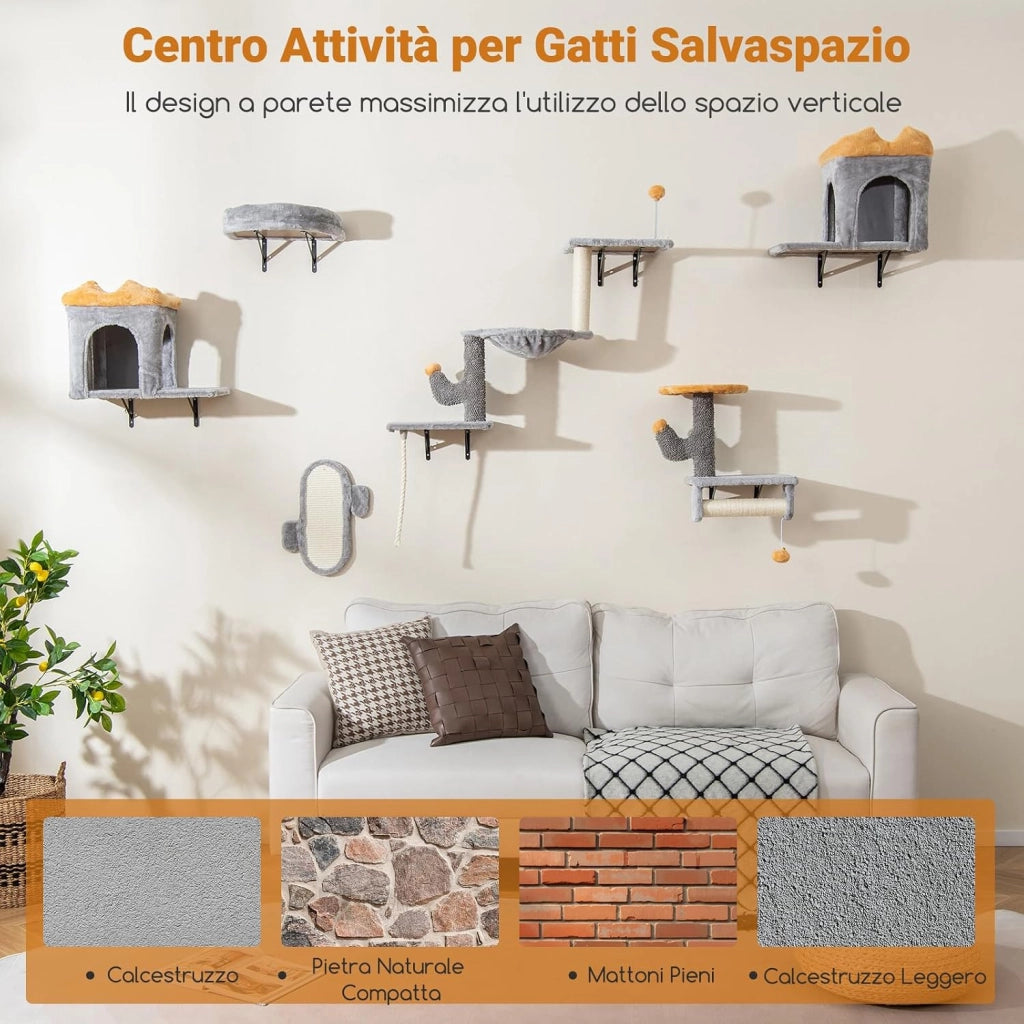 Set Albero per Gatti da Parete, Set Albero Tiragraffi Salvaspazio con Piattaforme, 2 Comode Cuccie, 1 Letto Comodo e 1 Tavola Graffio, Centro Attività per Gattini per Soggiorno