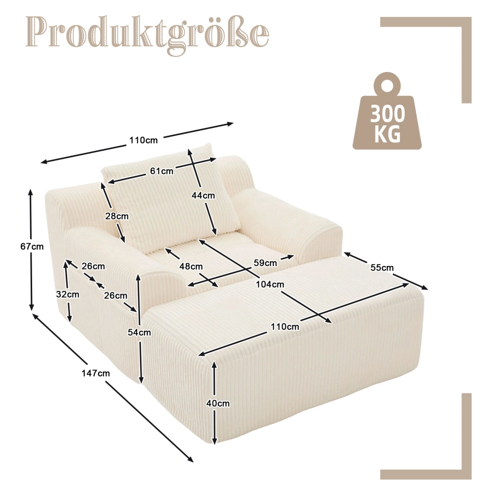 OKWISH Poltrona con Poggiapiedi in Velluto a Coste Seduta Profonda con Tasche Laterali e Cuscino Beige