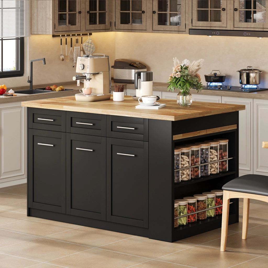 Isola da Cucina 150/246x90x90 cm Nera e Legno Naturale con Tavolo Estraibile 96 cm; 6 Cassetti e Ripiani