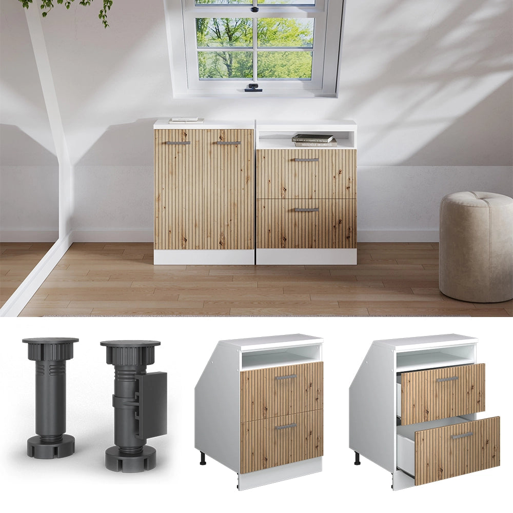 Mobile sottotetto Rion Rovere artigianale/Bianco 60 x 83.8 cm con 2 cassetti, carcassa 60 cm profondità Vicco