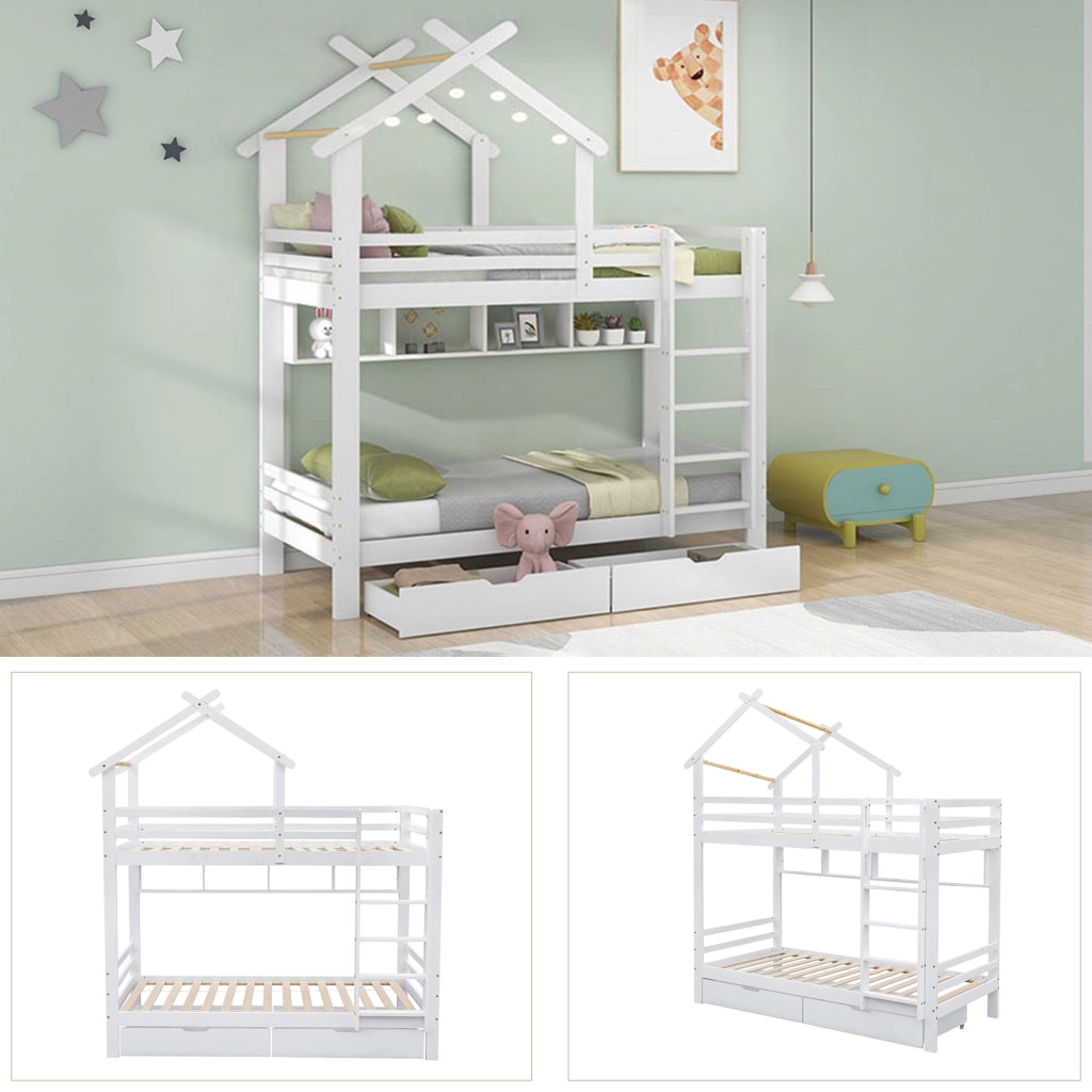Letto a castello 90 × 200 cm con cassetti, ripiani e scala dritta, senza materasso, in legno, bianco