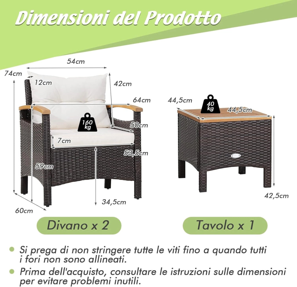 Set di 3 Pezzi di Mobili da Patio, 1 Tavolino e 2 Sedie, con Cuscino Rimovibile, Set di Divani in Rattan per Cortile Piscina Balcone e Patio