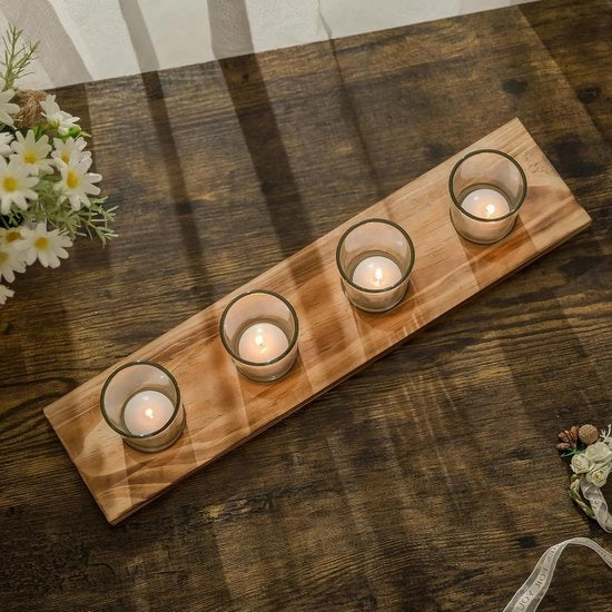 Supporto per candela di Natale - 42 cm con 4 contenitori in metallo a forma di candela - Decorazione di Natale - Accessori per la tavola da pranzo - con piatto di servizio in legno e candele di Natale.