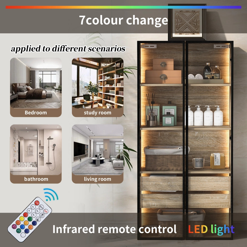 Armadietto da bagno con LED e 2 cassetti, ante in vetro satinato, ripiani aperti, per bagno e camera, naturale, 74 × 36 × 155 cm