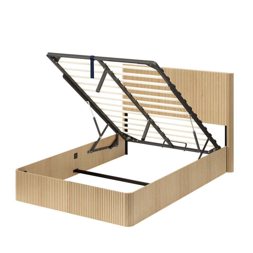 Letto 140x200 cm con contenitore e sistema idraulico in MDF e metallo; colore rovere chiaro