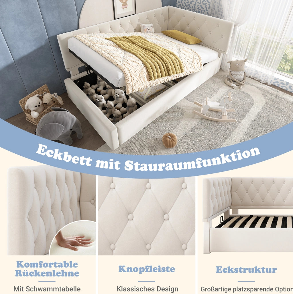 Letto divano con contenitore idraulico 90x190 cm in velluto beige