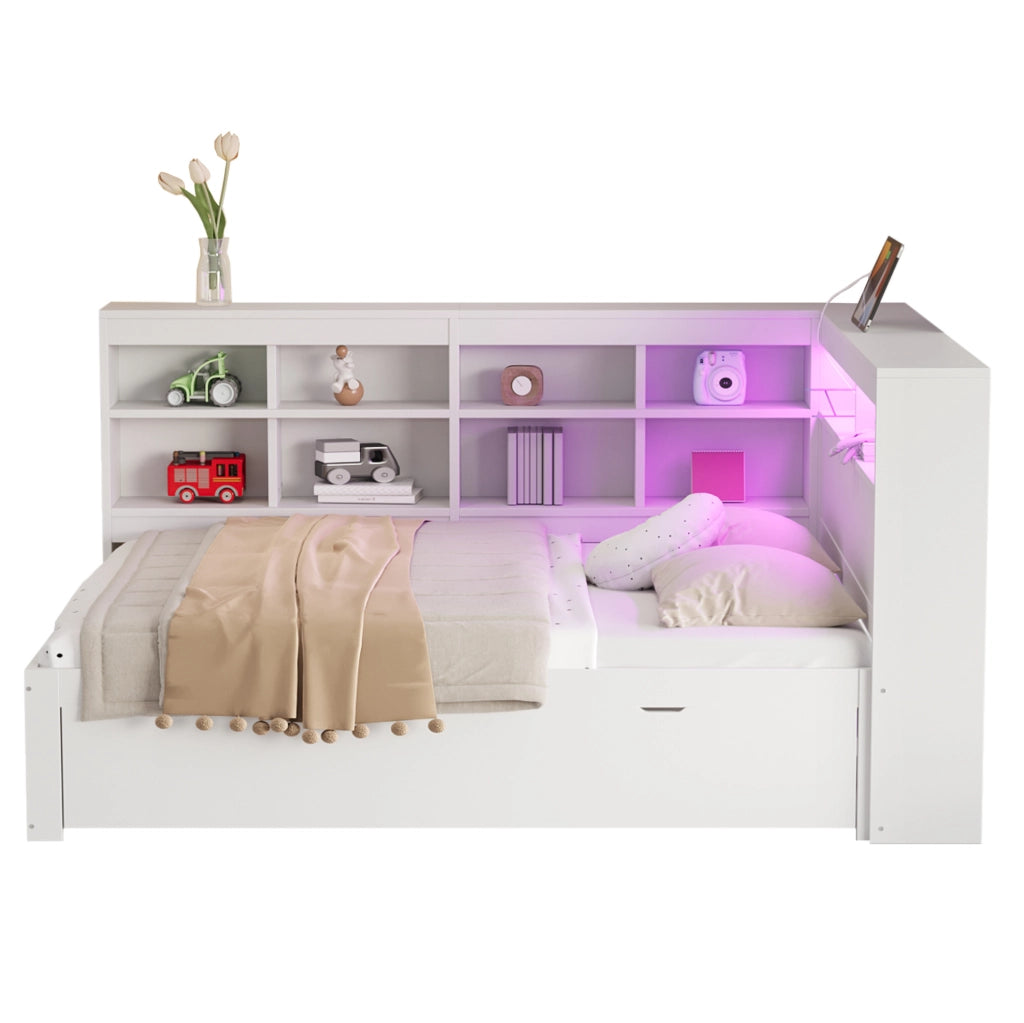 Letto matrimoniale multifunzionale 140x200 cm in legno bianco con USB; LED e vano contenitore