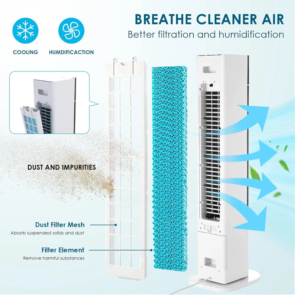 Ventilatore a Torre da 104 cm con Telecomando e Raffreddamento ad Acqua, 4 In 1 con Raffreddamento Umidificazione, Oscillazione di 50°, Timer 12 Ore, Silenzioso per Camera da Letto, Soggiorno