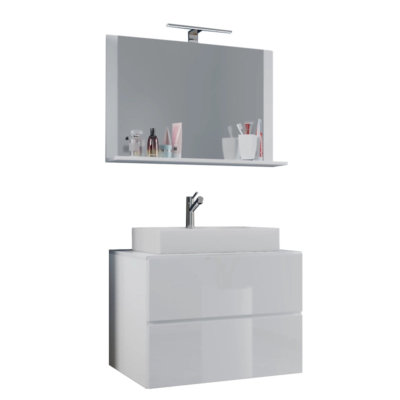 Luce di Ezooza Mobile Sospeso con 2 cassetti Large con lavabo in ceramica di alta qualità e specchio, Bianco , lavabo Bianco