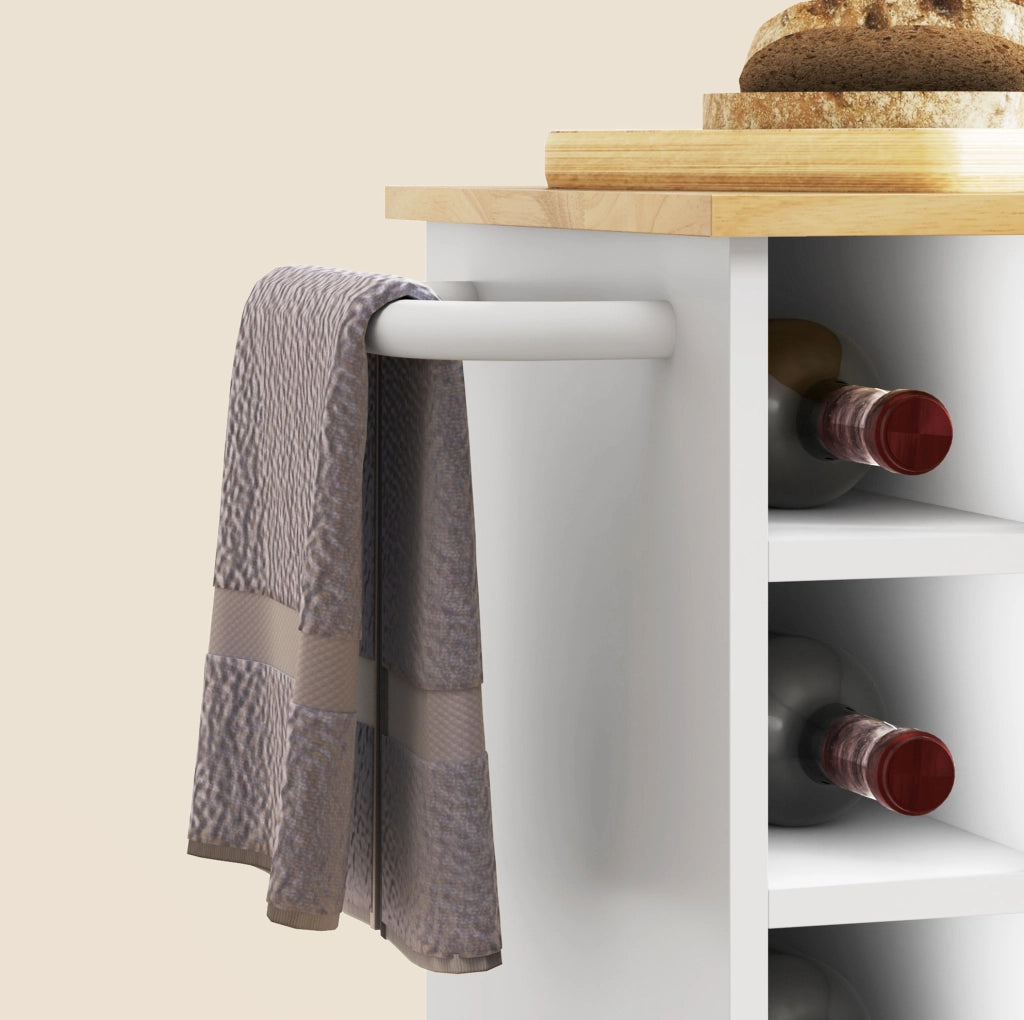 Carrello da cucina con piano in legno, ripiani e portabottiglie