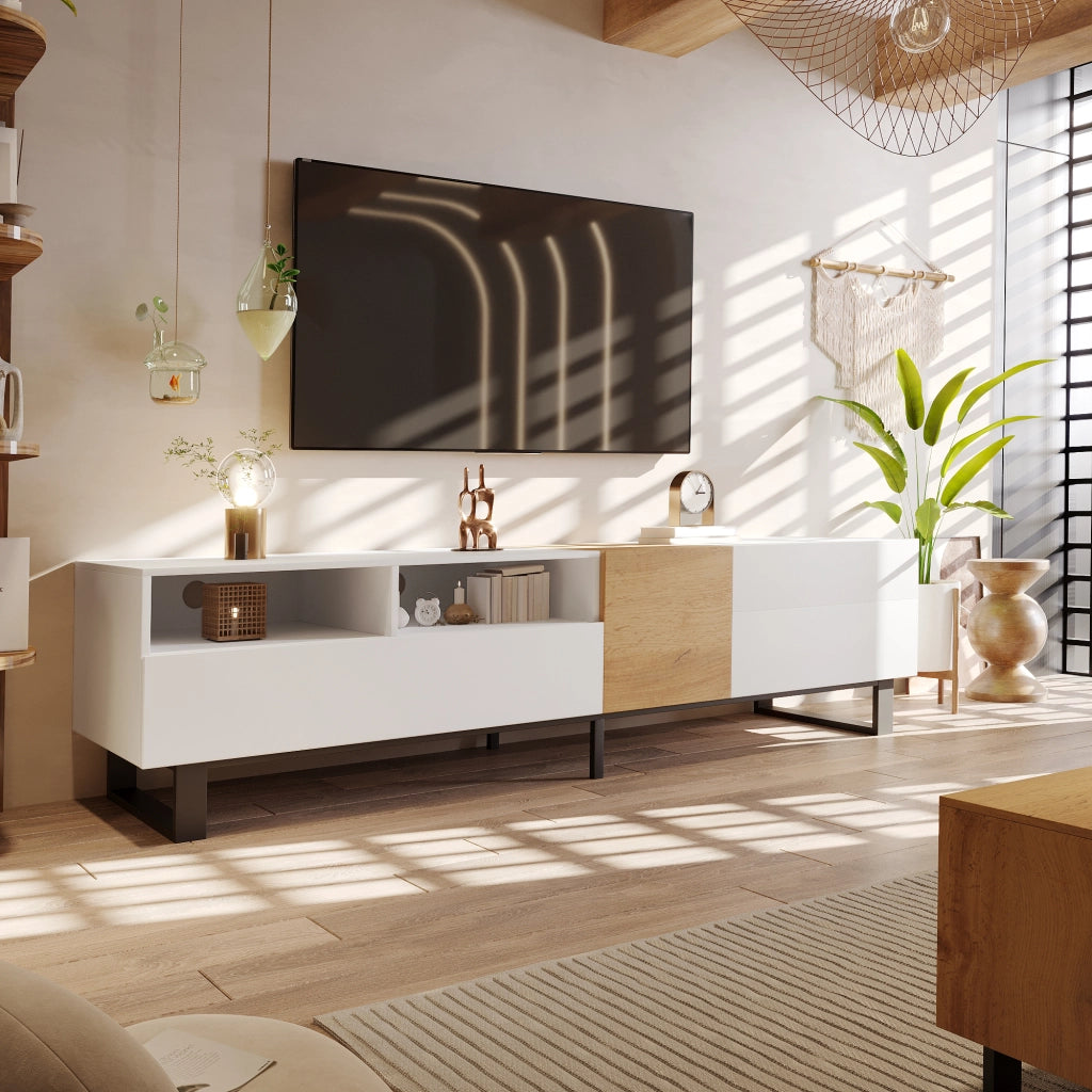 Mobile TV con 2 Ante e 2 Cassetti; 2 Vani Aperti; Stile Moderno; Soggiorno; 180¡Á38¡Á50 cm; in MDF; Bianco e Legno