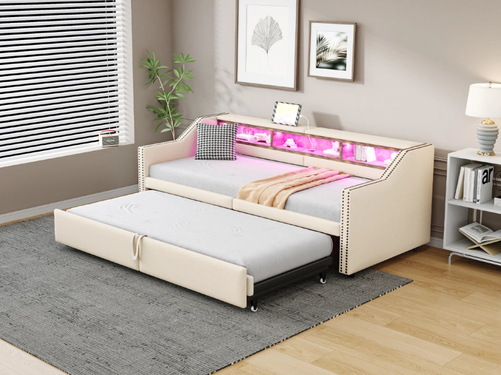 Letto divano estraibile 90 × 200 cm et 180 × 200 cm con ripiani, USB et LED, con 2 materassi, beige
