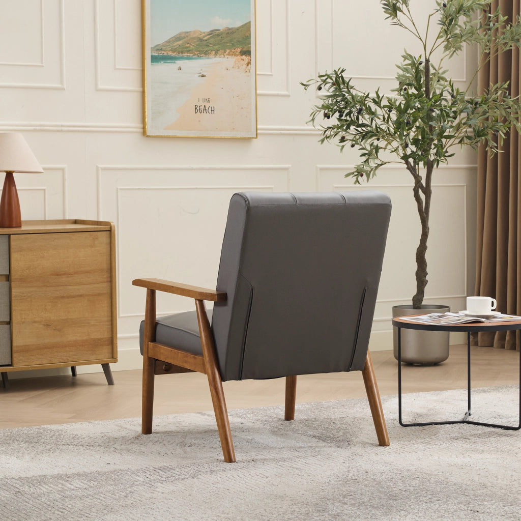 Fauteuil in pelle con struttura in legno e cuciture pull-point per soggiorno camera da letto home office grigio