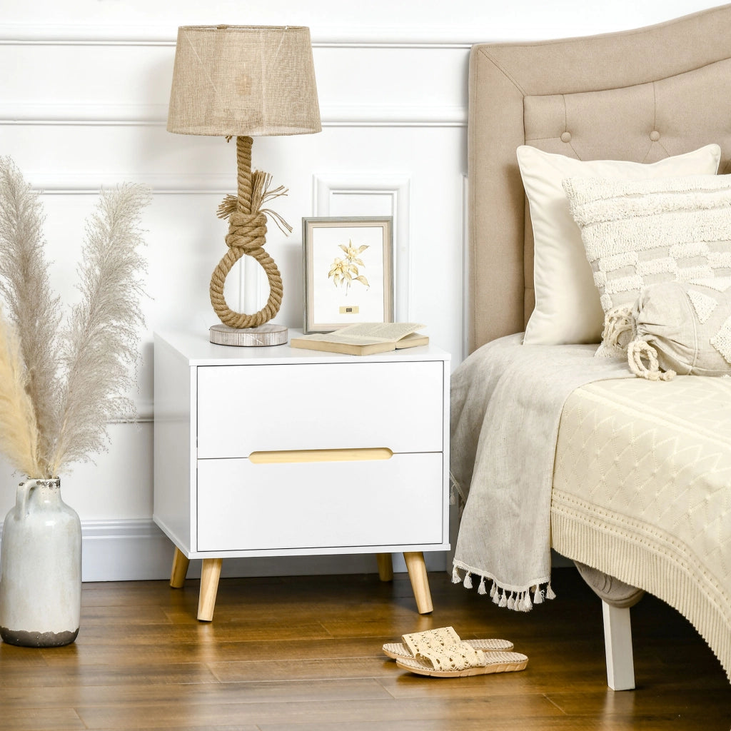 EasyComfort Comodino Moderno con 2 Cassetti in Truciolato e Gambe in Legno di Pino, 50Lx40Px50.5A cm, Bianco