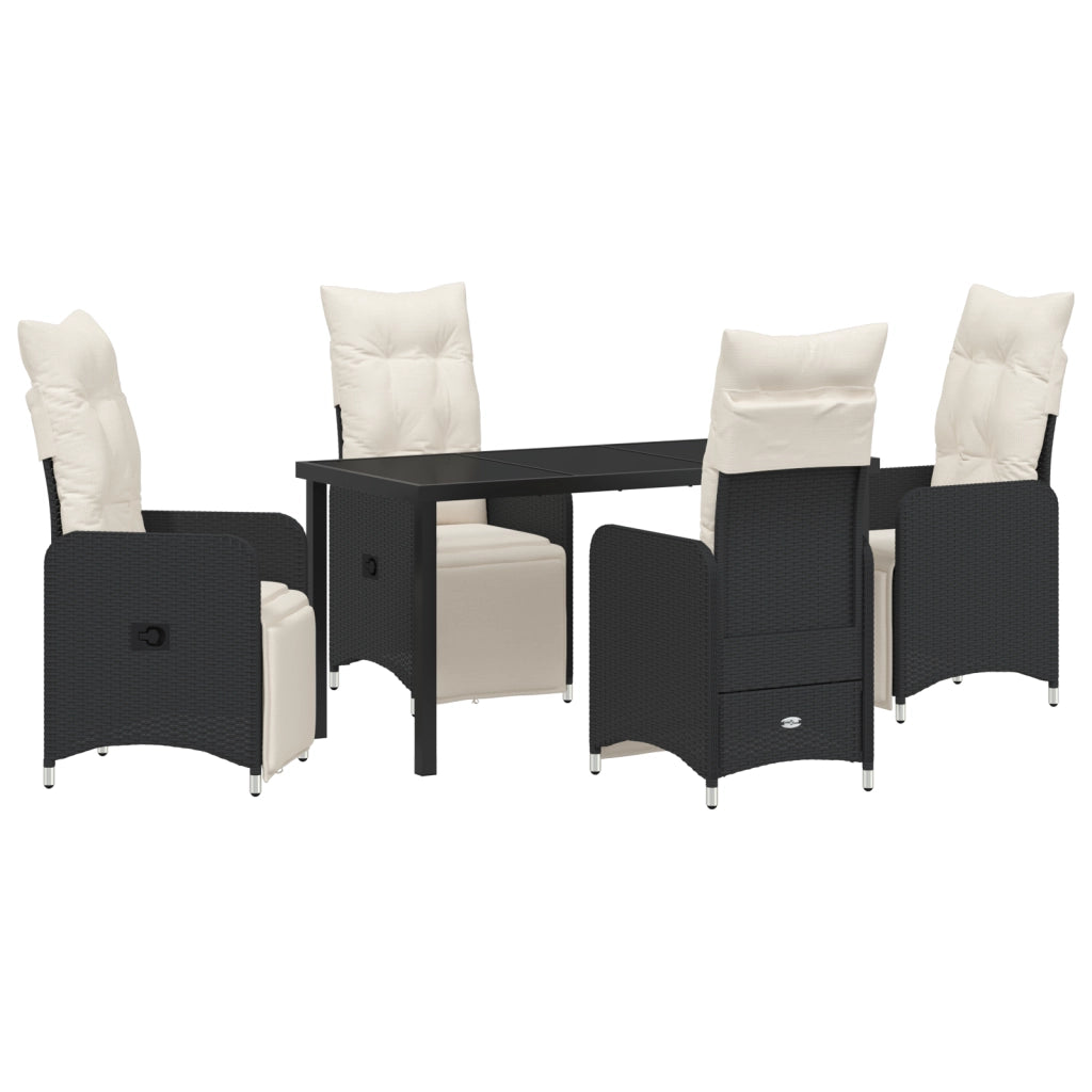 Set da Pranzo da Giardino 5 Pezzi con Cuscini Neri in Rattan Sintetico.