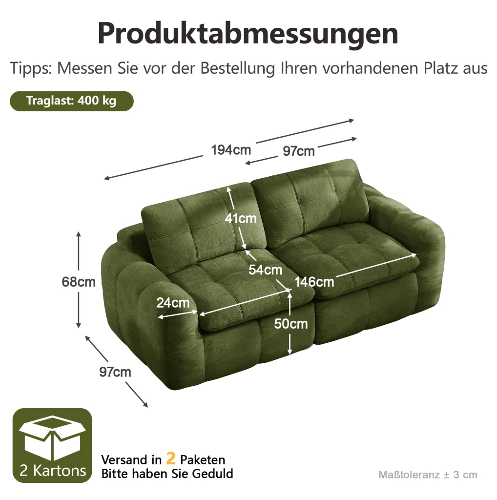 Divano modulare 2 posti in chenille verde 194x97x68 cm; seduta profonda; senza montaggio