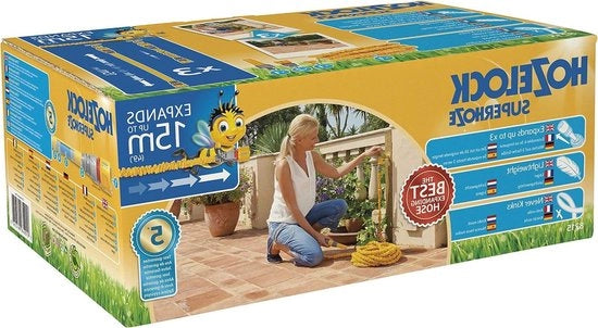 Estensione per giardino - Estensione per tubi 15 m Superhoze: tubo flessibile si estende fino a 3 volte la lunghezza originale - Con 2 fitting Aquastop