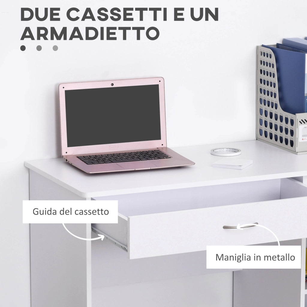 Scrivania Moderna per PC e Computer con 2 Cassetti e 1 Armadietto, Scrivania con Libreria Salvaspazio per Ufficio o Camera in Legno, Bianco