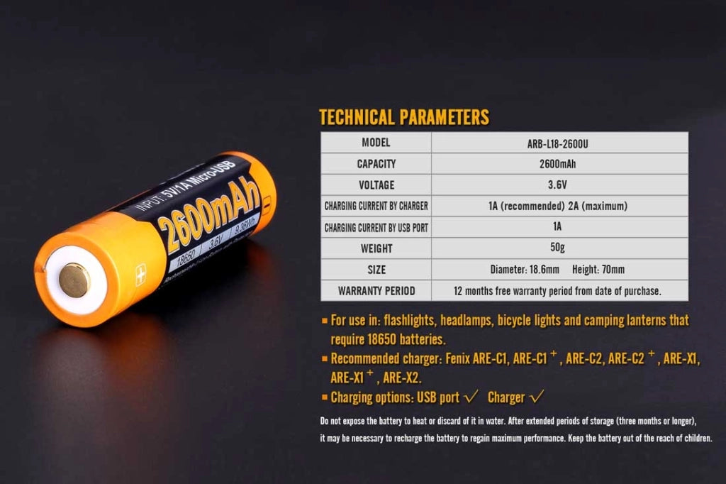 Batteria ricaricabile USB Li-ion 18650 FENIX ARB-L18-2600U 3,6V 2600 mAh