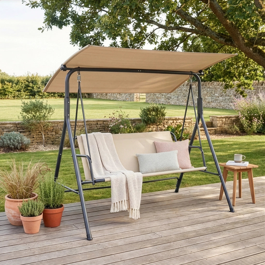Dondolo da Giardino Satten a 3 Posti con Tettuccio Parasole 173x119x153 cm - Grigio / Beige [en.casa]