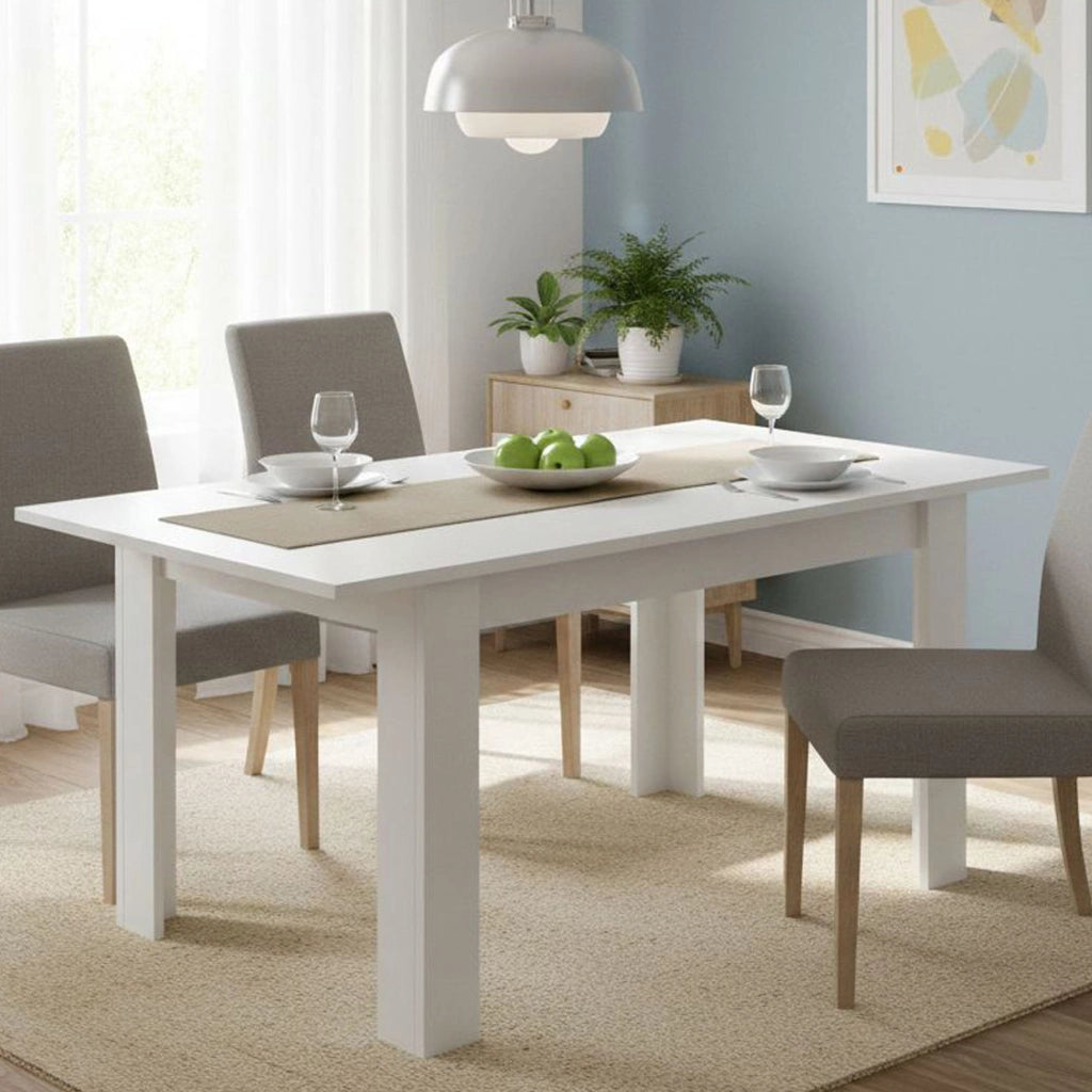 Tavolo allungabile Dalice, Tavolo per sala da pranzo allungabile, Tavolo da pranzo estensibile con allunga, cm 140/190x90h78, Bianco lucido