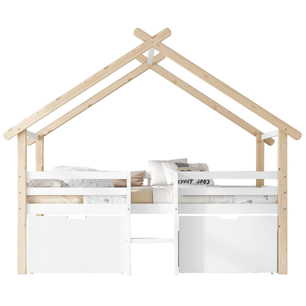 Letto a casa per bambini bianco e naturale in legno massello e MDF con funzione contenitore 90x200 cm