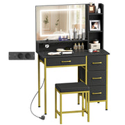 Toletta con Specchio LED e Sgabello ¨C Xylo ¨C 4 Cassetti Nero con Stazione di Ricarica