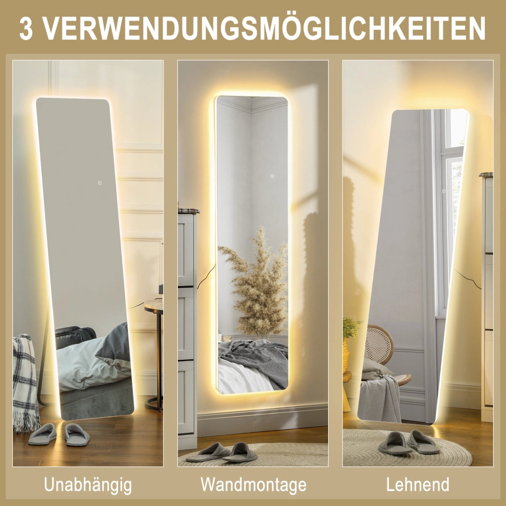 Specchio a figura intera, 150 x 40 cm, specchio da terra con illuminazione a LED, 3 colori di luce, specchio da parete con supporto, interruttore