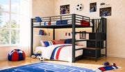 Letto a castello 140 x 200 cm in MDF e metallo con scala reversibile; LED e prese USB; nero