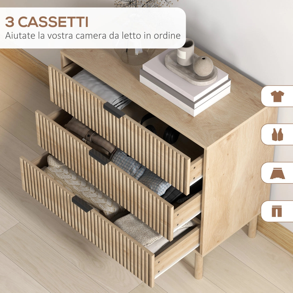 Cassettiera 3 Cassetti in Legno per Camera e Ingresso Stile Nordico, 80x40x77.5 cm, Rovere