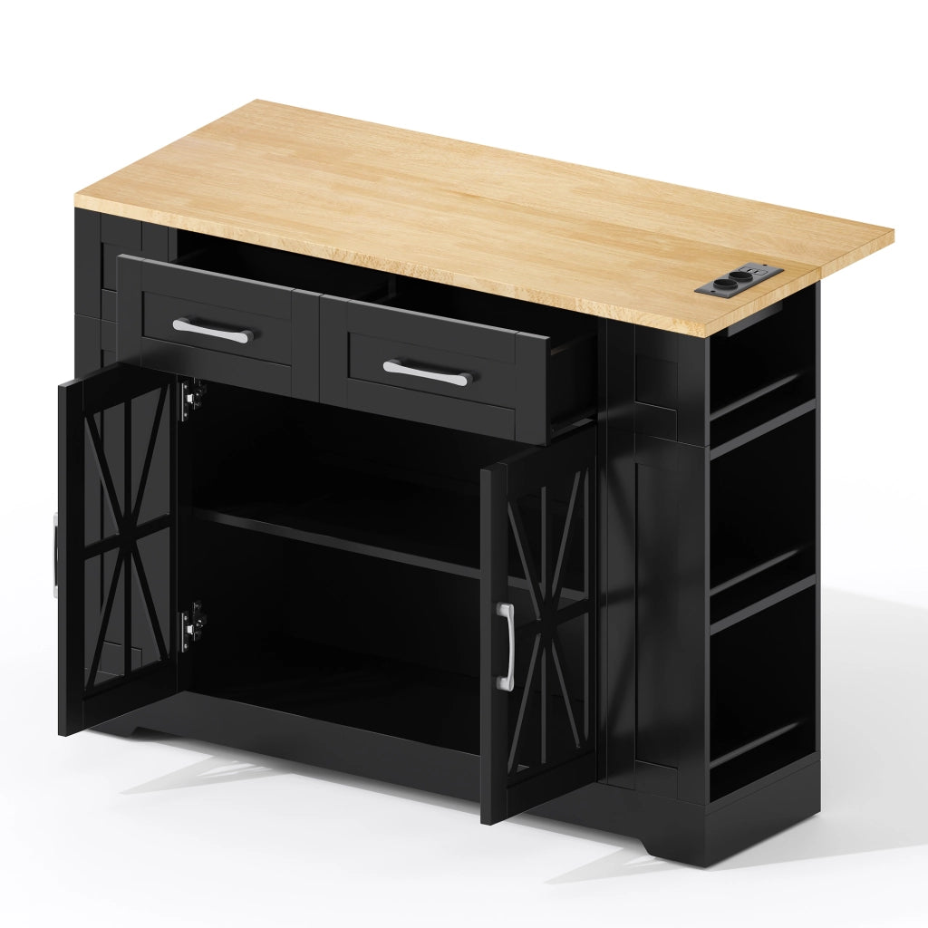 Isola cucina mobile 120 cm con piano ribaltabile, prese AC e USB, ante in vetro, ruote frenate