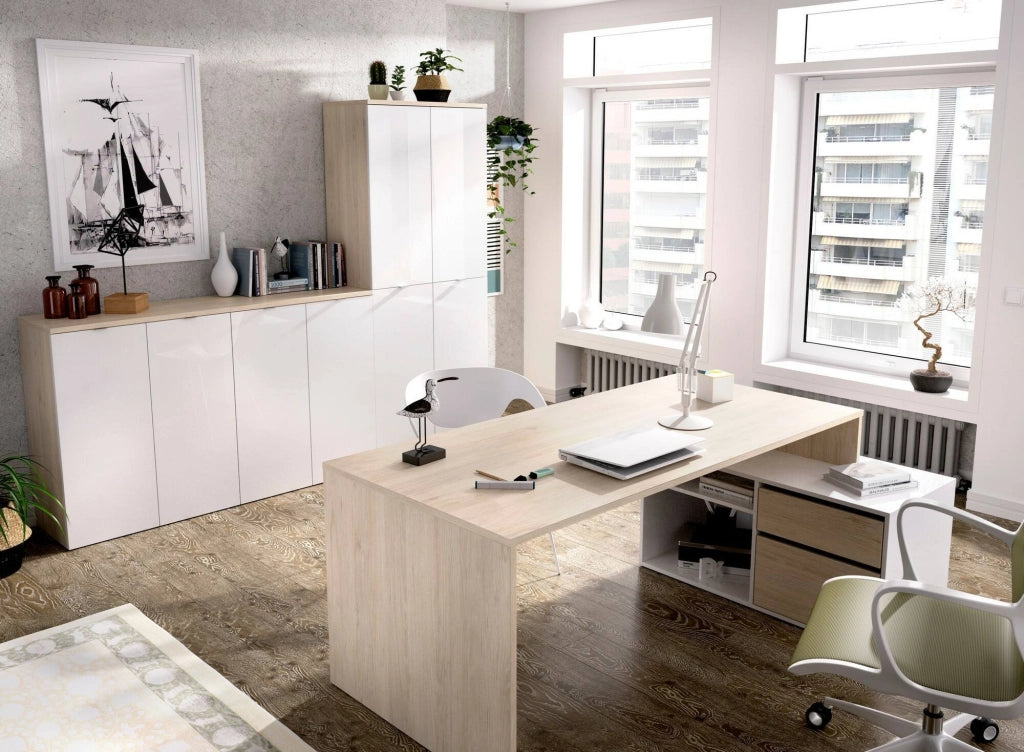 Scrivania Andor, Scrittoio multiposizione da ufficio o cameretta, Tavolo da studio angolare multiuso, 139x92h75 cm, Bianco e Rovere