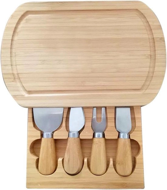 Tavolo da formaggio in legno di bambù ecosostenibile con grattugia, forchetta, coltello, cassetto