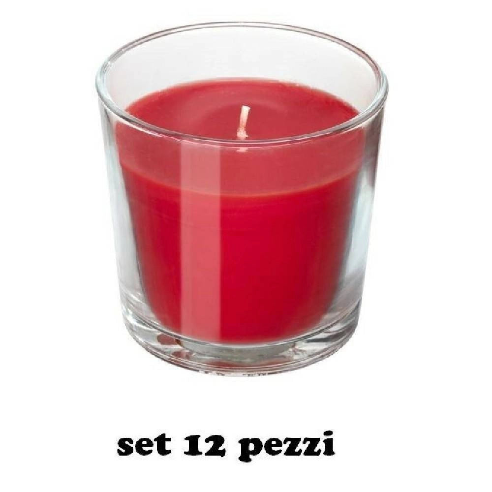 Trade Shop - Set 12 Pezzi Candele In Bicchiere Rosse Fragranza Fragola Rilassante Cera -